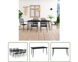 The Living Store 7-delige Tuinset katoenen touw en staal zwart - Eetkamerstoel - Tuinstoelen - Tuinset - Lounge Set - Buitentafel
