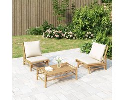 The Living Store Bamboe Tuinloungeset - Salontafel 100x55x33cm - Tuinstoel 60x86x73.5cm - 2 Zitkussens - 2 Rugkussens - Crèmewit - Montage vereist - Draagvermogen per zitplek 110kg