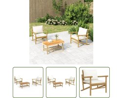 The Living Store Bamboe Tuinloungeset - Salontafel- 90x55x37cm - Tuinstoel- 63x75x74cm - Crèmewit kussen - Modulair ontwerp