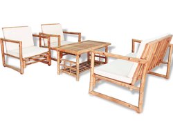 The Living Store Bamboe Tuinmeubelset - Bank, Stoelen en Salontafel - 115 x 65 x 72 cm - Comfortabele Zit- en Rugkussens