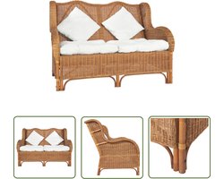 The Living Store Bank 2-zits natuurlijk rattan en linnen lichtbruin - Tweedehands Meubels - Vintage Bank - Lounge Stoffen Bank - Buitenbank - Tuinbank