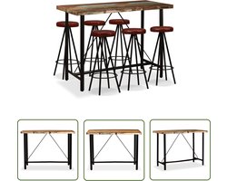 The Living Store Barset massief gerecycled hout en echt leer 7-delig - Bartafel - Industrieel Meubilair - Bruine Bartafel - Leren Barkruk - Eetkamerstoel
