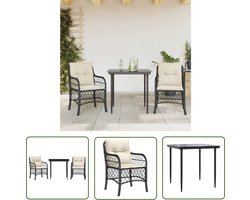 The Living Store Bistroset - 80 x 80 x 74 cm Glazen tafelblad - Duurzaam PE-rattan - Inclusief zitkussens met afneembare hoezen