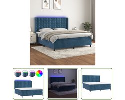 The Living Store Boxspring Dark Blue Velvet LED - 160x200x118/128cm - Pocket Spring Matress - Skin-Friendly Topper - Colorful LED Lights - USB Included