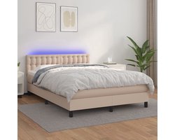 The Living Store Boxspring met matras en LED kunstleer cappuccinokleur 140x200cm - Boxspring Bed - Lederlook Bed - Led Bed - Kapstok - Bedroom Furniture