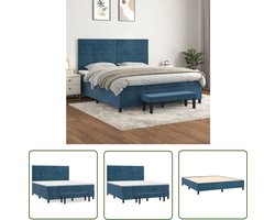 The Living Store Boxspringbed - Donkerblauw - 203x160x118/128 cm - Fluweel - Verstelbaar hoofdbord - Pocketvering matras - Middelharde ondersteuning - Huidvriendelijk topmatras - Multifunctioneel bankje