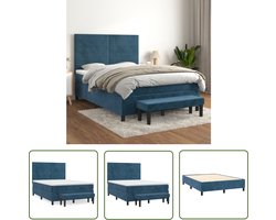 The Living Store Boxspringbed Fluweel - Donkerblauw - 203 x 144 x 118/128 cm - Hoofdbord Verstelbaar - Pocketvering Matras - Middelharde Ondersteuning - Huidvriendelijk Topmatras - Multifunctioneel Bankje