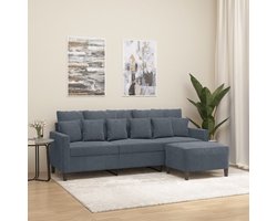 The Living Store Driezitsbank met voetenbank 180 cm fluweel donkergrijs - Loungeset - 3 Zits Bank - Hoekbank - Salontafel - Livingroom Meubels
