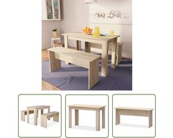 The Living Store Eettafel en banken 3 st bewerkt hout eikenkleurig - Eetkamerstoel - Eettafel - Houten Meubels - Eik Kleur - Modern Design