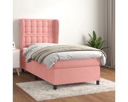 The Living Store Fluweel Boxspringbed - 203 x 83 cm - Roze - Pocketvering matras - Middelharde ondersteuning - Huidvriendelijk topmatras