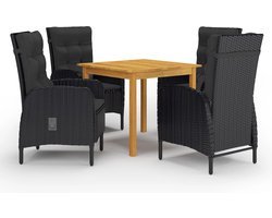 The Living Store Garden Furniture Set - Acacia Wood Table - Steel & PE Rattan Chairs - Adjustable - Black - 85x85x74cm - 58x63x108cm