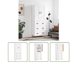 The Living Store Hoge Kast - Bewerkt Hout - Wit - 69.5 x 34 x 180 cm - Unieke charme - voldoende opbergruimte - praktische deuren - metalen voeten - Montage vereist - 1 x Dressoir - 1 x Opzetkast - The Living Store