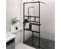 The Living Store Inloopdouchewand met schap 90x195 cm ESG-glas aluminium zwart - Inloopdouche - Douchewand - Glazen Douchedeur - Zwarte Douchewand - Modern Douche Scherm