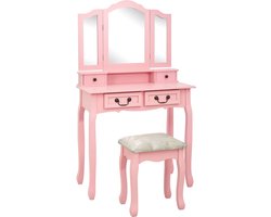 The Living Store Kaptafelset met kruk 80x69x141 cm paulowniahout roze - Kaptafel - Make-up Tafel - Dressing Table - Rozen Kleur - Paulownia Hout