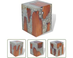The Living Store Kruk massief teakhout en hars - Houten Kruk - Teak Kruk - Vintage Kruk - Handmade Kruk - Multifunctioneel Meubilair