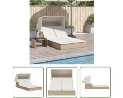 The Living Store Ligbed 2-persoons met luifel en kussens poly rattan beige - Ligbed - Lounge Bed - Buitendecoratie - Tuinset - Tuinstoel