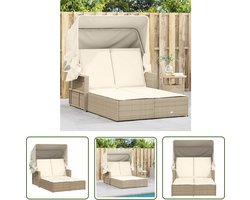 The Living Store Ligbed 2-persoons met luifel en kussens poly rattan beige - Ligbed - Tuinset - Lounge Set - Buitendecoratie - Garden Furniture