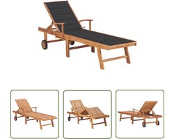 The Living Store Ligbed met antracietkleurig kussen massief teakhout - Loungebed - Teak Lounge Chair - Tuinset - Buitendecoratie - Garden Furniture