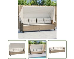 The Living Store Ligbed met luifel en kussen poly rattan beige - Ligbed - Lounge Stoel - Buitensteun - Tuin Meubel - Relax Stoel