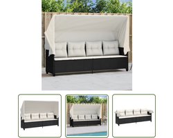 The Living Store Ligbed met luifel en kussens poly rattan zwart - Ligbed - Lounge Stoel - Tuinset - Outdoor Furniture - Balkon Meubel