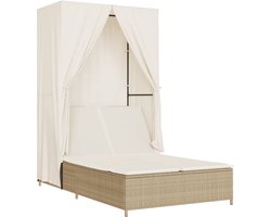 The Living Store Ligbed tweepersoons met dak en gordijn poly rattan beige - Ligbed - Lounge Bed - Tuinset - Buis Meubel - Outdoor Furniture