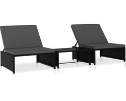 The Living Store Ligbedden 2 st met tafel poly rattan zwart - Lounge Set - Loungebank - Tuinset - Buitendecoratie - Garden Furniture