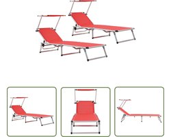 The Living Store Ligbedden inklapbaar met dak 2 st aluminium en textileen rood - Ligbed - Lounge Bed - Tuinset - Buitenmeubel - Balkon Meubel