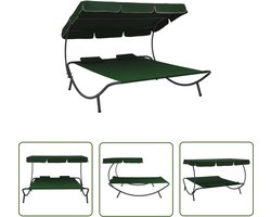 The Living Store Loungebed met luifel en kussens groen - Loungebed - Tuinset - Buitenlounge - Lounge Stoel - Balkon Meubel