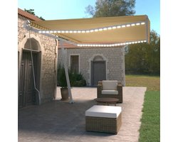 The Living Store Luifel handmatig uittrekbaar met LED 500x350 cm geel en wit - Uitzetbare Luifel - Zonnescherm - Buitendouche - Veranda - Terrasoverkapping