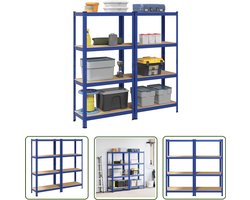The Living Store Opbergrekken 4-laags 2 st staal & bewerkt hout blauw - Opslagkast - Industriele Opslag - Metalen Rek - Houten Plank - Garage Organisatie