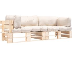 The Living Store Pallet Bankenset - Grenenhout - 220x66x65 cm - Zandkleurige Kussens