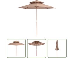 The Living Store Parasol dubbeldekker met houten paal 270 cm taupe - Zonnescherm - Tuinset - Parasol - Tuinaccessoires - Outdoor Decor