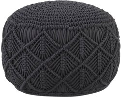 The Living Store Poef macramé handgemaakt 45x30 cm katoen antraciet - Macramé Poef - Handgemaakte Poef - Woonaccessoires - Stoffen Poef - Loungepoef