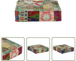 The Living Store Poef patchwork vierkant handgemaakt 50x50x12 cm katoen groen - Vintage Poef - Patchwork Poef - Handgemaakte Poef - Katoenen Poef - Indiaanse Stijl
