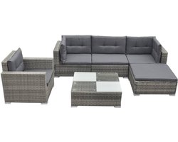 The Living Store Rattan tuinmeubelset - Grijs - Hoekbank 69.5x69.5x52.5 cm - Middenbank 69.5x69.5x52.5 cm - Fauteuil 69.5x65x66.5 cm - Salontafel 74x74x26 cm - 11 kussens