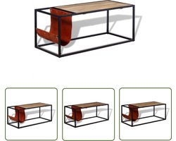 The Living Store Salontafel met echt lederen tijdschriftenhouder 110x50x45 cm - Industriële Salontafel - Mangohout Salontafel - Vintage Salontafel - Retro Salontafel - Houten Salontafel