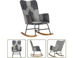 The Living Store Schommelstoel echt leer en canvas grijs - Schommelstoel - Lederen Stoel - Lounge Stoel - Relaxfauteuil - Huiskamer Meubels