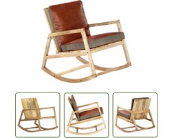 The Living Store Schommelstoel echt leer en massief mangohout bruin - Schommelstoel - Leren Fauteuil - Mangohout Meubels - Lounge Stoel - Relax Stoel