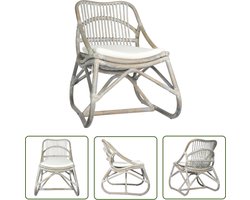 The Living Store Stoel rattan en linnen grijs - Rattan Fauteuil - Relaxfauteuil - Lounge Stoel - Wicker Stoel - Vintage Stoel
