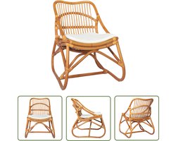 The Living Store Stoel rattan en linnen lichtbruin - Relax Fauteuil - Wicker Stoel - Rattan Meubels - Lounge Stoel - Binnen Stoel