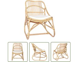 The Living Store Stoel rattan en linnen - Rattan Fauteuil - Lounge Stoel - Binnenstoel - Zitkamer Meubels - Design Stoel