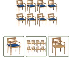 The Living Store Stoelen Batavia 8 st met kussens massief teakhout - Tuinstoel - Teak Meubel - Buisstoelen - Lounge Stoel - Eetkamerstoel