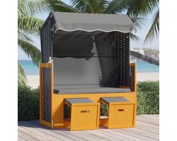 The Living Store Strandstoel met luifel poly rattan en hout zwart en antraciet - Strandstoel - Lounge Chair - Ligbed - Tuinset - Buitendecor