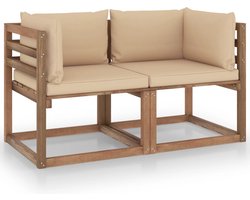 The Living Store Tuinbank 2-zits pallet met beige kussens grenenhout - Tweedehands Meubel - Houten Bank - Tuinset - Pallets - Buitendecor