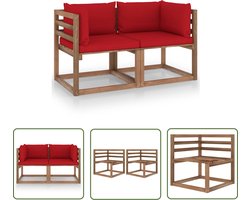 The Living Store Tuinbank 2-zits pallet met rode kussens grenenhout - Hoekbank - Pallets - Tuinbank - Buitentijd - Relaxen