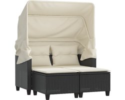 The Living Store Tuinbank met Luifel en Voetenbank - Zwart PE-rattan - Comfortabele Zitervaring Tuinbank - Lounge Set - Buitendining - Outdoor Furniture - Patioset - Garden Sofa - Zwarte Tuinbank - Robuuste Tuinbank - Comfortabele Tuinbank