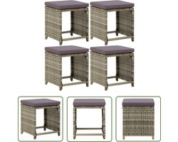 The Living Store Tuinkrukken 4 st met kussens poly rattan grijs - Tuin Stoelen - Krukken - Buitendecor - Lounge Set - Outdoor Furniture