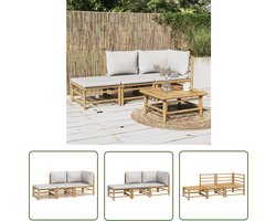 The Living Store Tuinmeubelset - Bamboe - Modulair - 1x Middenbank - 1x Hoekbank - 1x Voetenbank - Lichtgrijze kussens