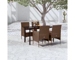 The Living Store Tuinmeubelset - Bruin/Zwart - PE-rattan - Gepoedercoat staal - 140x70x74 cm - incl - 1 tafel - 4 stoelen - 4 zitkussens