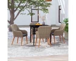 The Living Store Tuinmeubelset - Bruin/Zwart - Poly Rattan - Gepoedercoat Staal - Acaciahout - Tafel 80x80x74cm - Stoel 56x60x81.5cm - Inclusief Kussens - Montage vereist - The Living Store